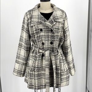 Outer Cage Double breasted pea coat plaid Wool Blend